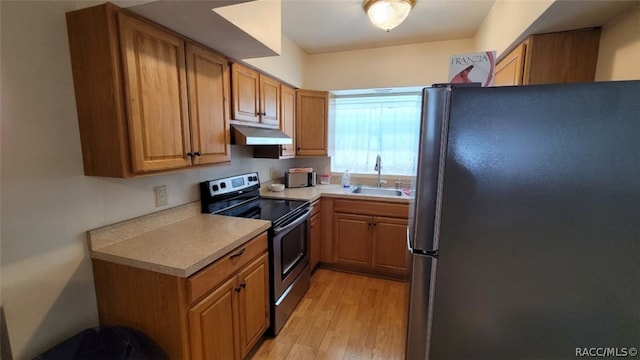 kitchen with appliances with stainless steel finishes, light wood-type flooring, and sink