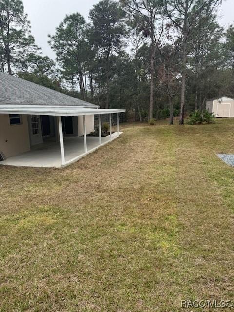 view of yard with a storage unit and a patio area