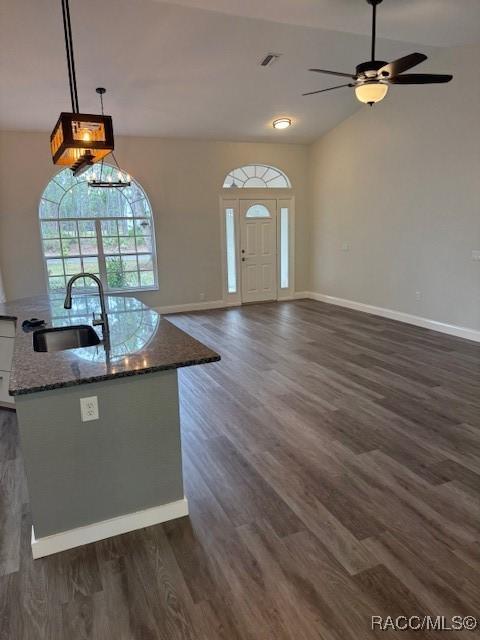 entryway with ceiling fan, lofted ceiling, sink, and dark hardwood / wood-style floors