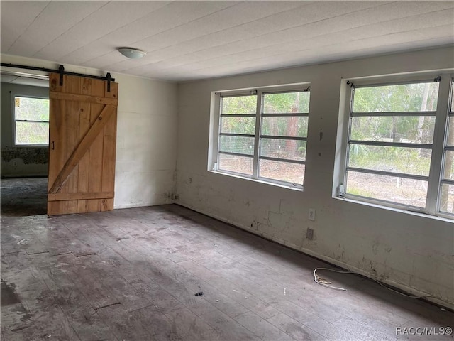 spare room featuring a barn door and hardwood / wood-style floors