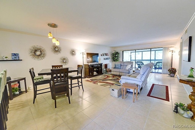 tiled living room with crown molding