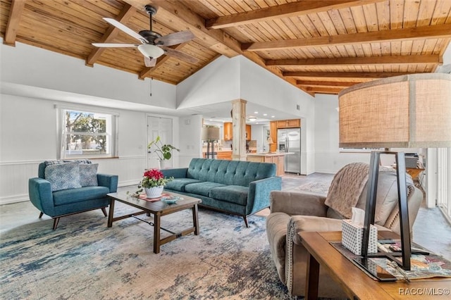 living room with ceiling fan, wood ceiling, beamed ceiling, and high vaulted ceiling