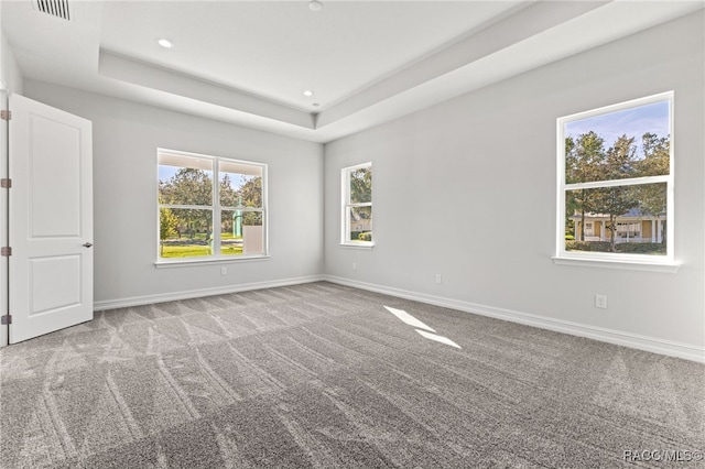 carpeted empty room with a tray ceiling