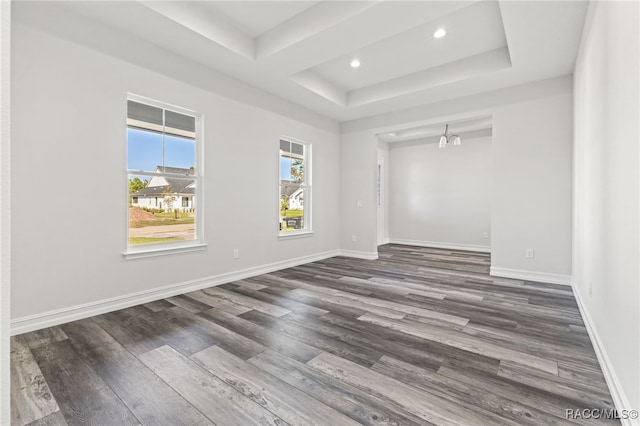 unfurnished room featuring a tray ceiling and dark wood-type flooring