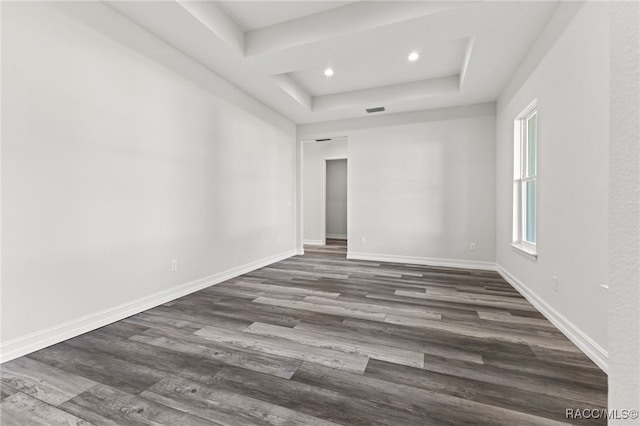 spare room featuring dark hardwood / wood-style flooring and a raised ceiling