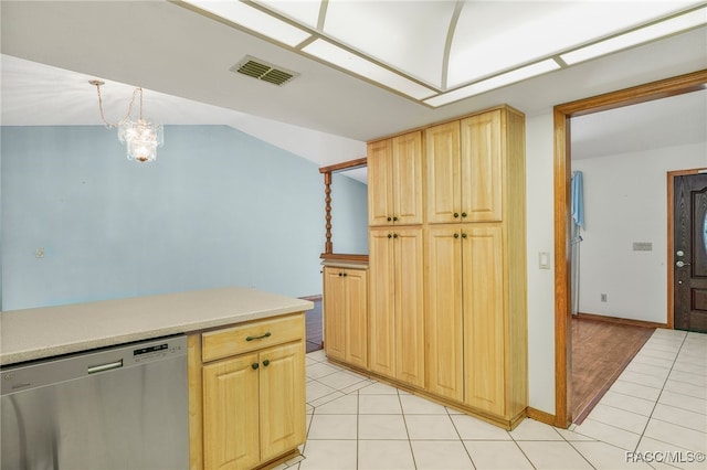 262 N Indianapolis Ave, Hernando, FL 34442 - kitchen featuring stainless steel dishwasher, light brown cabinetry, light countertops, light tile patterned floors, and lofted ceiling