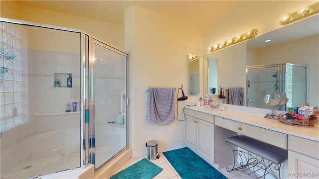 4690 W Tomahawk Dr, Beverly Hills, FL 34465 - bathroom featuring a shower stall, tile patterned flooring, vanity, and baseboards