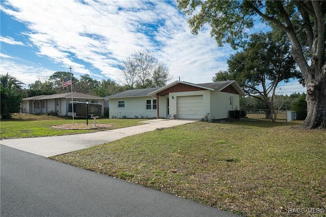 ranch-style house with a garage, a front lawn, and central AC unit