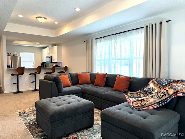 living room with a tray ceiling, light colored carpet, a healthy amount of sunlight, and a textured ceiling