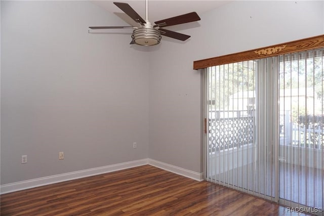 unfurnished room featuring ceiling fan and dark wood-type flooring