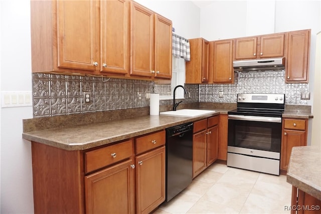 kitchen with dishwasher, stainless steel range with electric cooktop, sink, light tile patterned floors, and tasteful backsplash