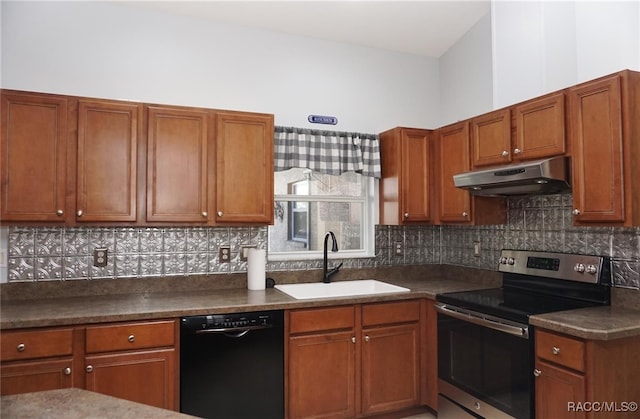 kitchen featuring black dishwasher, tasteful backsplash, electric range, and sink