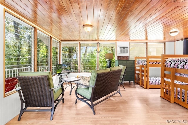 sunroom / solarium with plenty of natural light, wood ceiling, and a wall unit AC