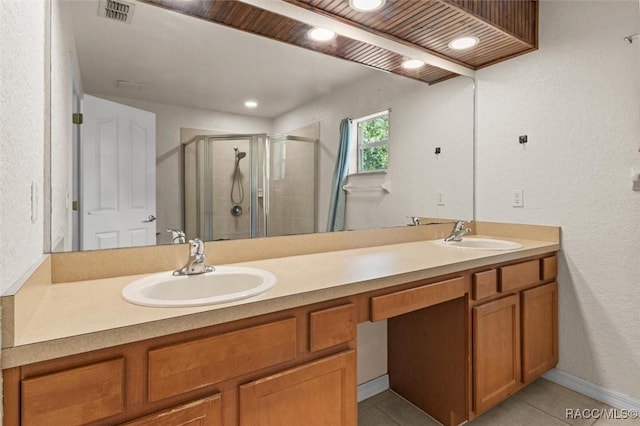 full bathroom with double vanity, visible vents, a shower stall, and a sink