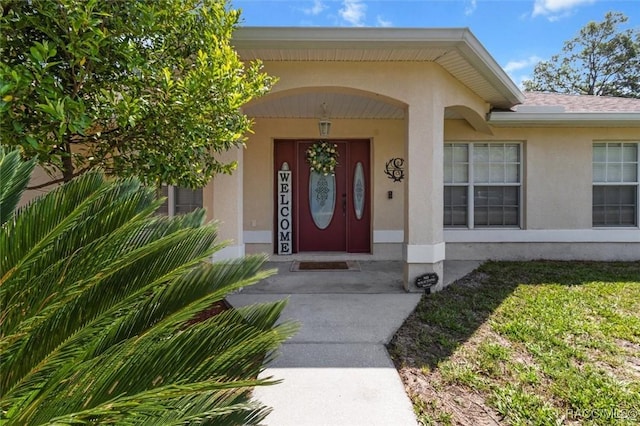 view of exterior entry with stucco siding