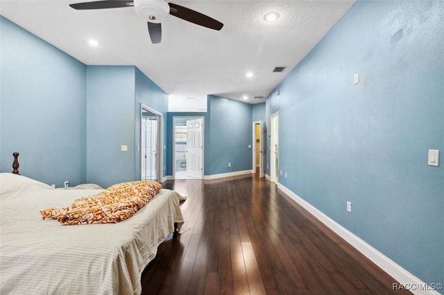 bedroom with ceiling fan, recessed lighting, visible vents, baseboards, and wood-type flooring