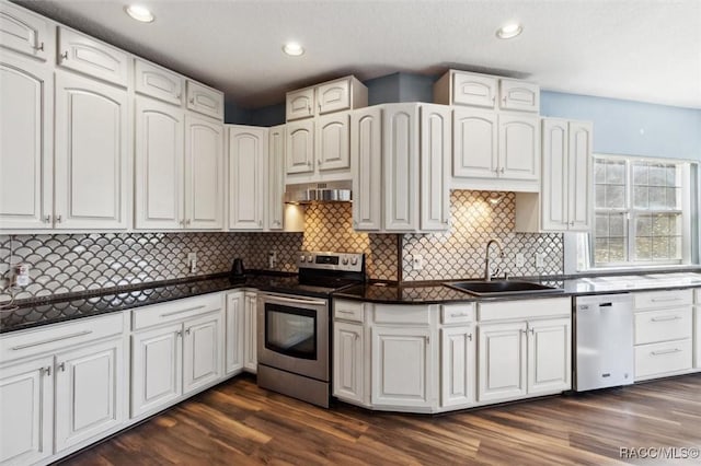 kitchen featuring under cabinet range hood, dark wood-style flooring, a sink, appliances with stainless steel finishes, and dark countertops