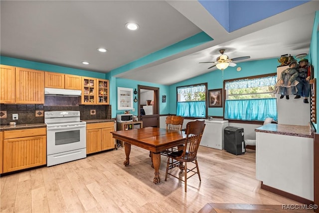 22535 SW 117th St, Dunnellon, FL 34431 - kitchen with electric range, under cabinet range hood, decorative backsplash, lofted ceiling, and light wood-style floors