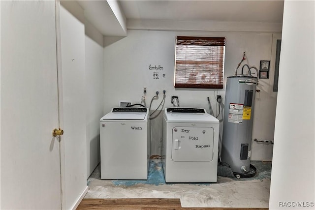 laundry room with electric water heater and washer and clothes dryer