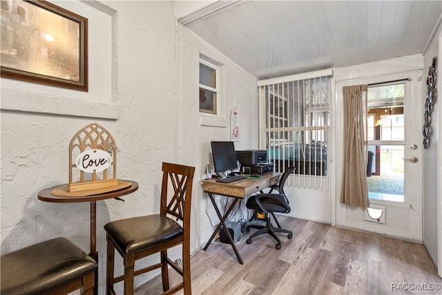 office space featuring hardwood / wood-style floors and wood ceiling