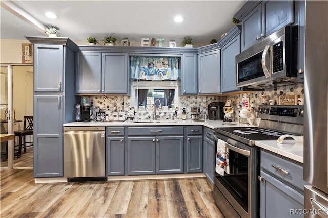 kitchen featuring gray cabinetry, sink, tasteful backsplash, appliances with stainless steel finishes, and light wood-type flooring