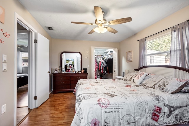 bedroom featuring a walk in closet, ceiling fan, a closet, and wood-type flooring