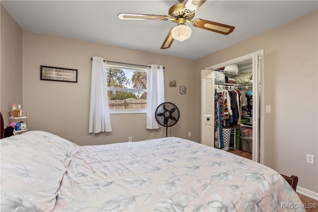 bedroom with a closet, ceiling fan, and hardwood / wood-style flooring