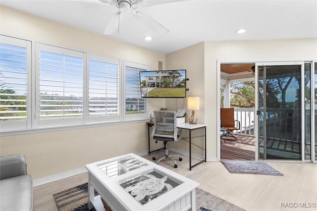 home office featuring ceiling fan and light hardwood / wood-style flooring