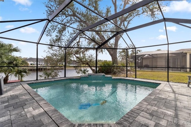 view of swimming pool with a water view, a patio, and a lanai