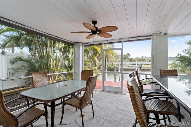 sunroom with a water view, ceiling fan, and wood ceiling