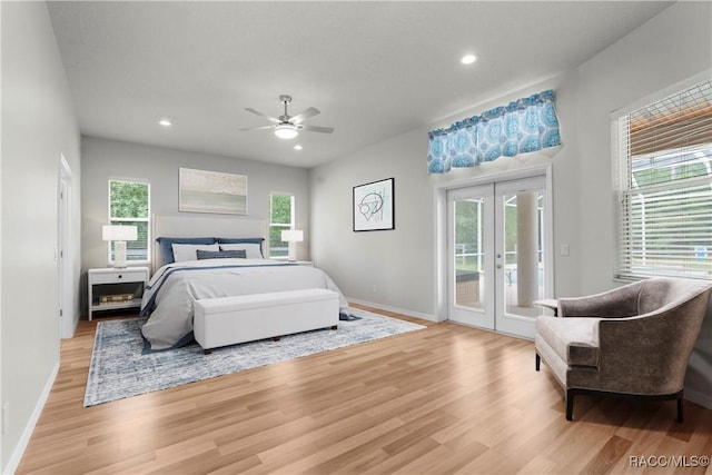 bedroom with french doors, ceiling fan, access to exterior, and light wood-type flooring