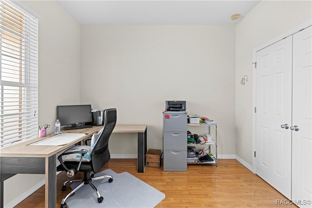 office featuring light hardwood / wood-style flooring and a healthy amount of sunlight