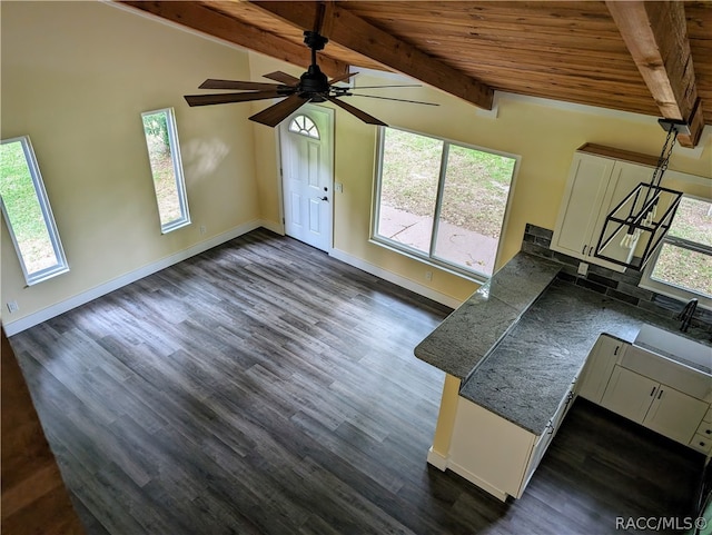 unfurnished living room featuring beamed ceiling, a healthy amount of sunlight, and dark wood-type flooring