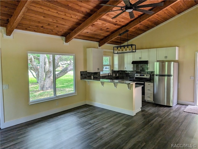 kitchen featuring kitchen peninsula, a breakfast bar, stainless steel appliances, wooden ceiling, and white cabinets