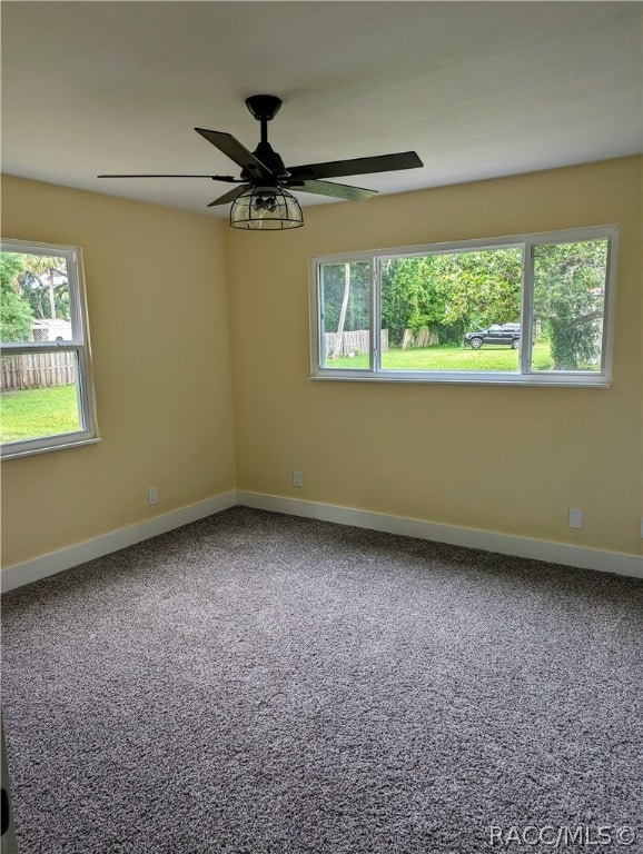 carpeted spare room with ceiling fan and plenty of natural light