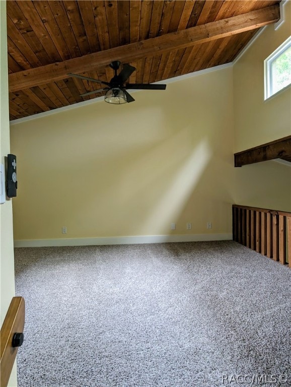 additional living space with carpet, vaulted ceiling with beams, ceiling fan, and wood ceiling