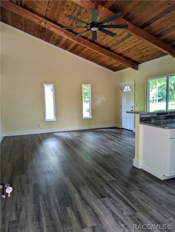 unfurnished living room with vaulted ceiling with beams, ceiling fan, wood ceiling, and dark hardwood / wood-style floors