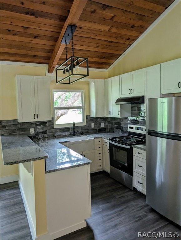 kitchen featuring pendant lighting, white cabinets, vaulted ceiling with beams, appliances with stainless steel finishes, and kitchen peninsula