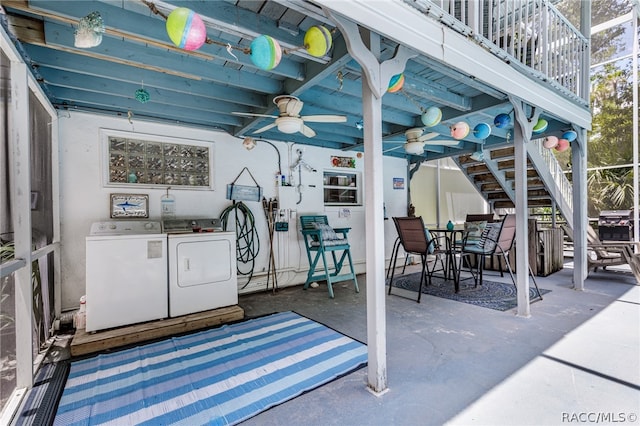 exterior space featuring washer and dryer, ceiling fan, a balcony, and an outdoor kitchen