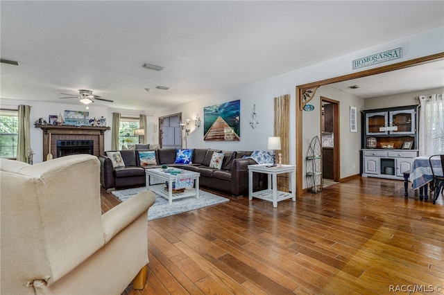 living room featuring hardwood / wood-style floors, ceiling fan, and a healthy amount of sunlight