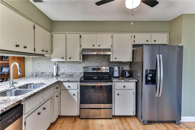 kitchen with decorative backsplash, appliances with stainless steel finishes, light wood-type flooring, under cabinet range hood, and a sink