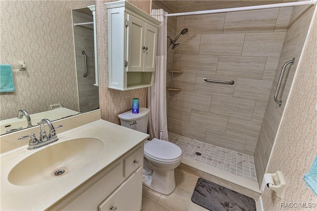 full bath with toilet, wallpapered walls, a stall shower, and tile patterned floors