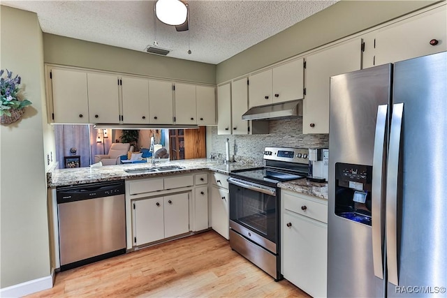 kitchen featuring light wood-style flooring, under cabinet range hood, stainless steel appliances, a sink, and light stone countertops