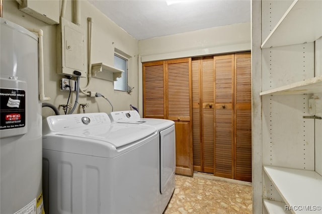 washroom featuring independent washer and dryer, electric water heater, and electric panel