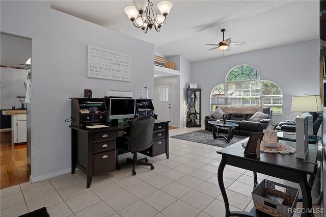 483 N Turkey Pine Loop, Lecanto, FL 34461 - home office featuring light tile patterned floors, lofted ceiling, a textured ceiling, and ceiling fan with notable chandelier