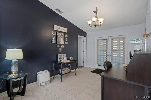 483 N Turkey Pine Loop, Lecanto, FL 34461 - office area featuring lofted ceiling, visible vents, light tile patterned floors, baseboards, and a notable chandelier