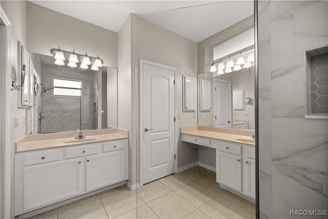 full bathroom featuring tile patterned flooring, two vanities, a sink, and a tile shower