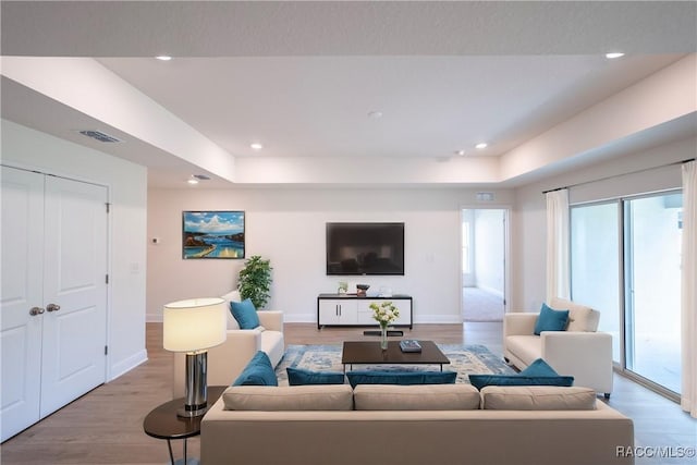 living room with a tray ceiling and light wood-type flooring