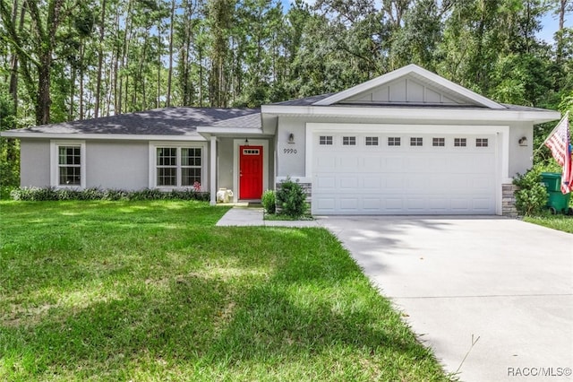 ranch-style house with a front lawn and a garage