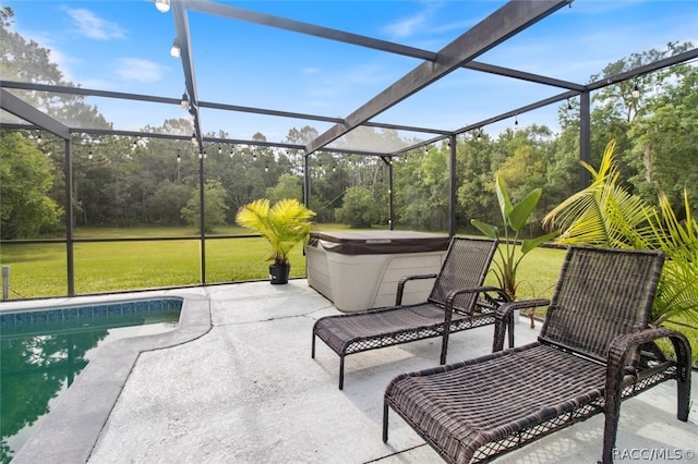 view of patio with a swimming pool with hot tub and glass enclosure